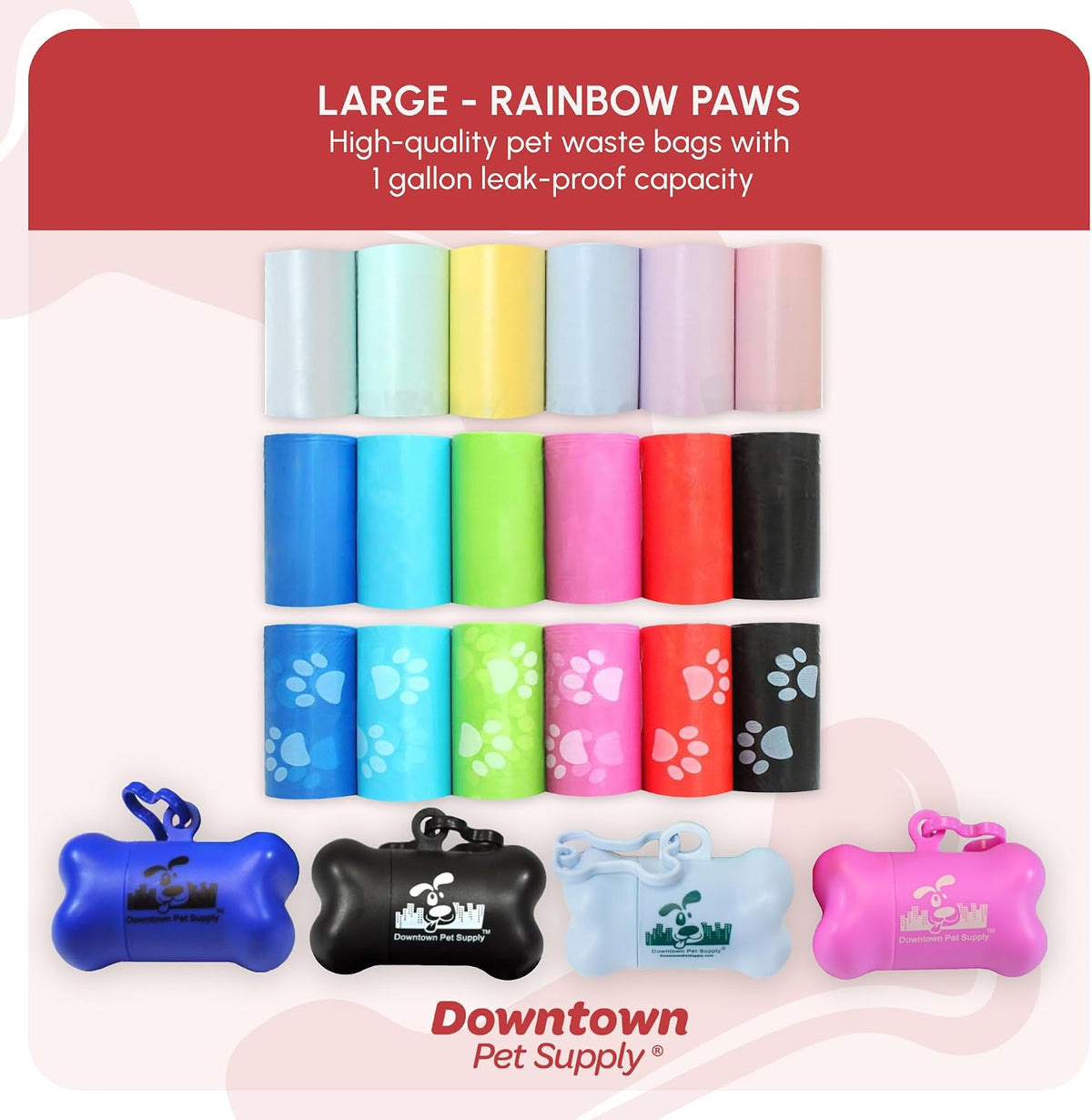 Rainbow Paw Print Poop Bags (2200 CT & 2 Dispensers) - Leak-Proof, Unscented, Clips to Leashes & Harnesses